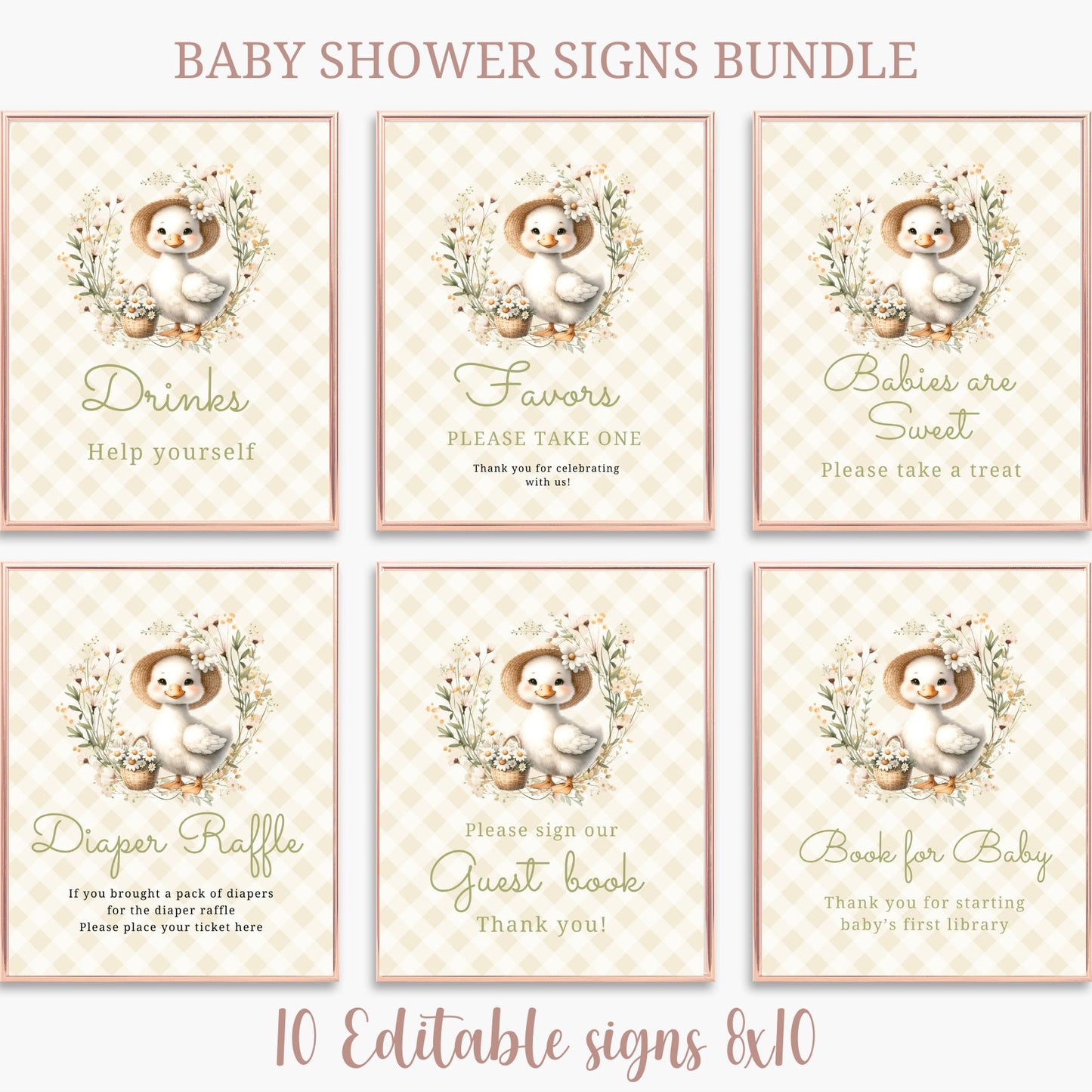 Baby shower signs bundle with cute illustrations and text on a checkered background