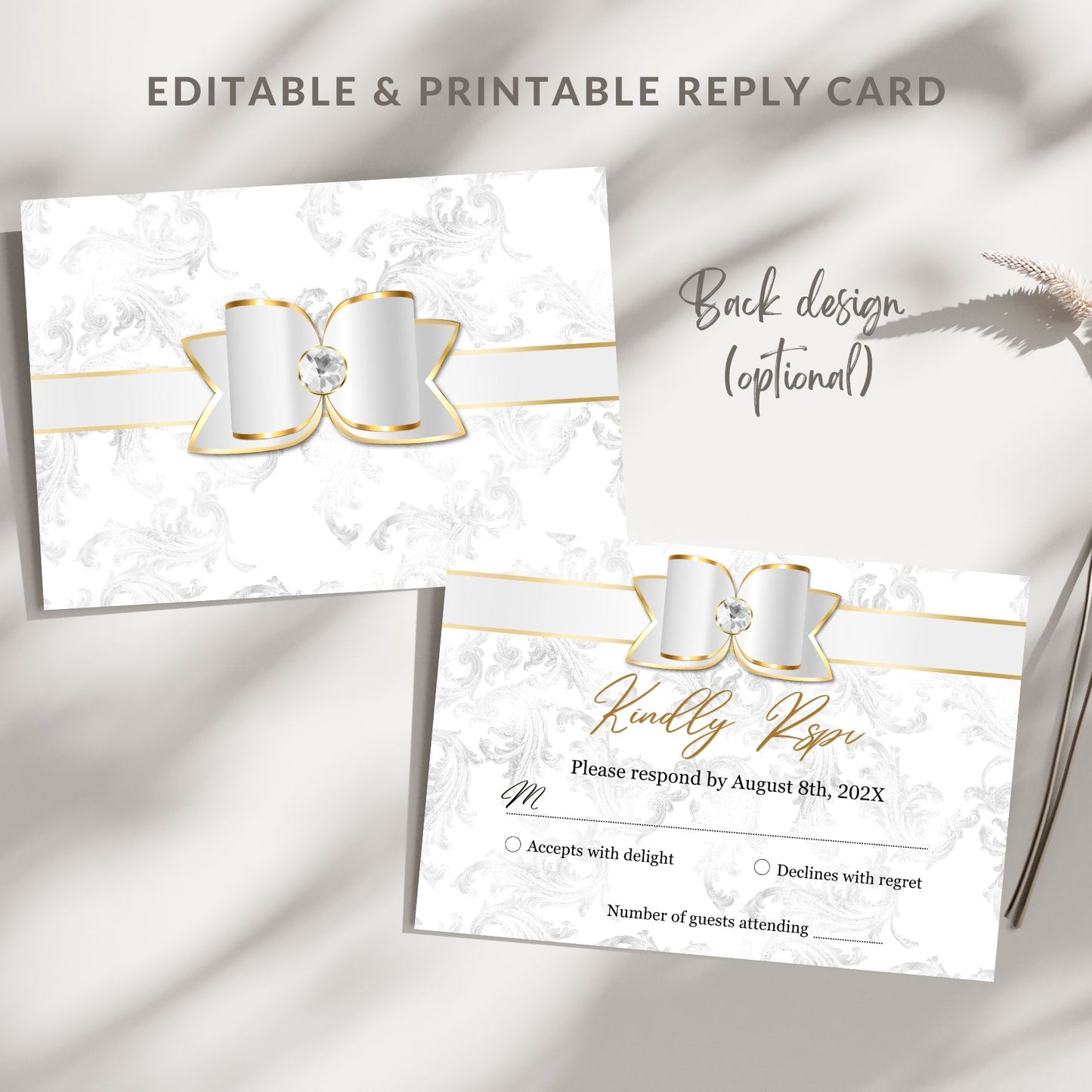 Editable and printable White Gold Bow reply card with decorative elements on a marble background