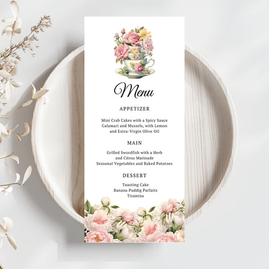 Editable Menu card with floral Cup tea design on a white plate