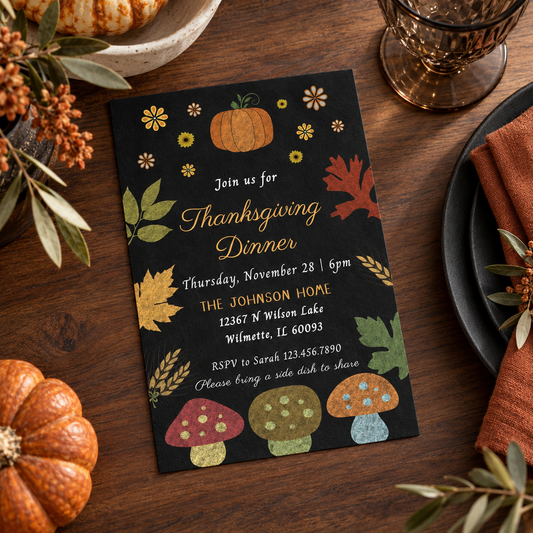 Editable Rustic Fall Dinner Party Invitation Template featuring autumn colors and festive illustrations for Thanksgiving dinner.