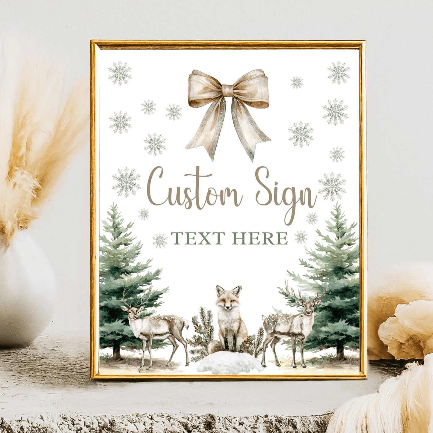 Editable 8x10 Custom Woodland Winter baby shower sign with deer, trees, and snowflakes for personal celebrations.