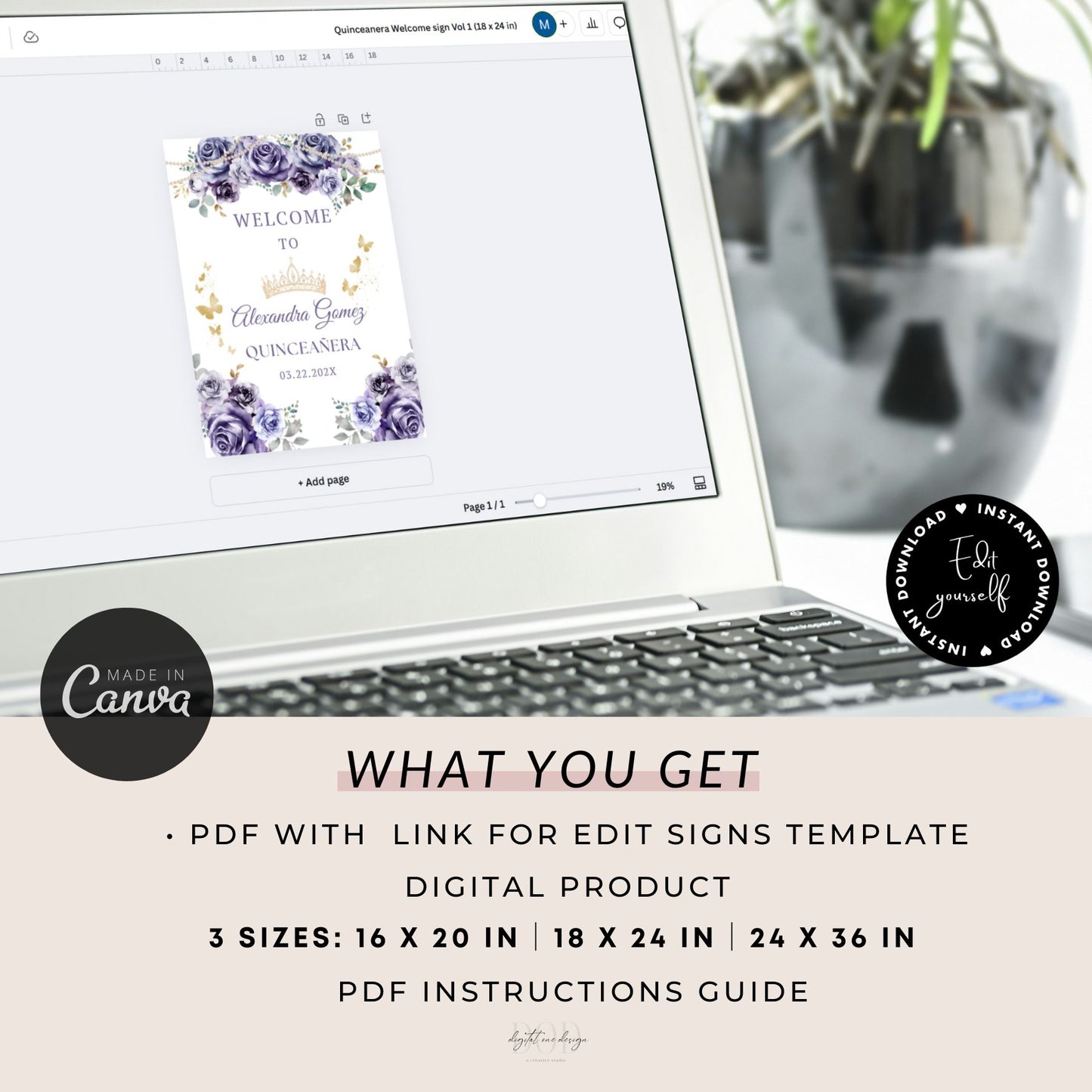 Laptop displaying a digital design with floral elements on a white background.