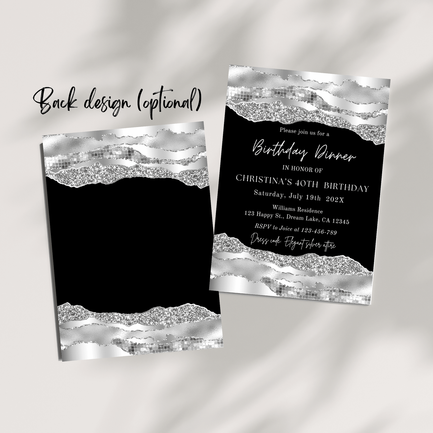 Editable Elegant Silver Dinner Invitation for any Occasion, Silver & Black Celebration Invite Birthday, Retirement, Graduation