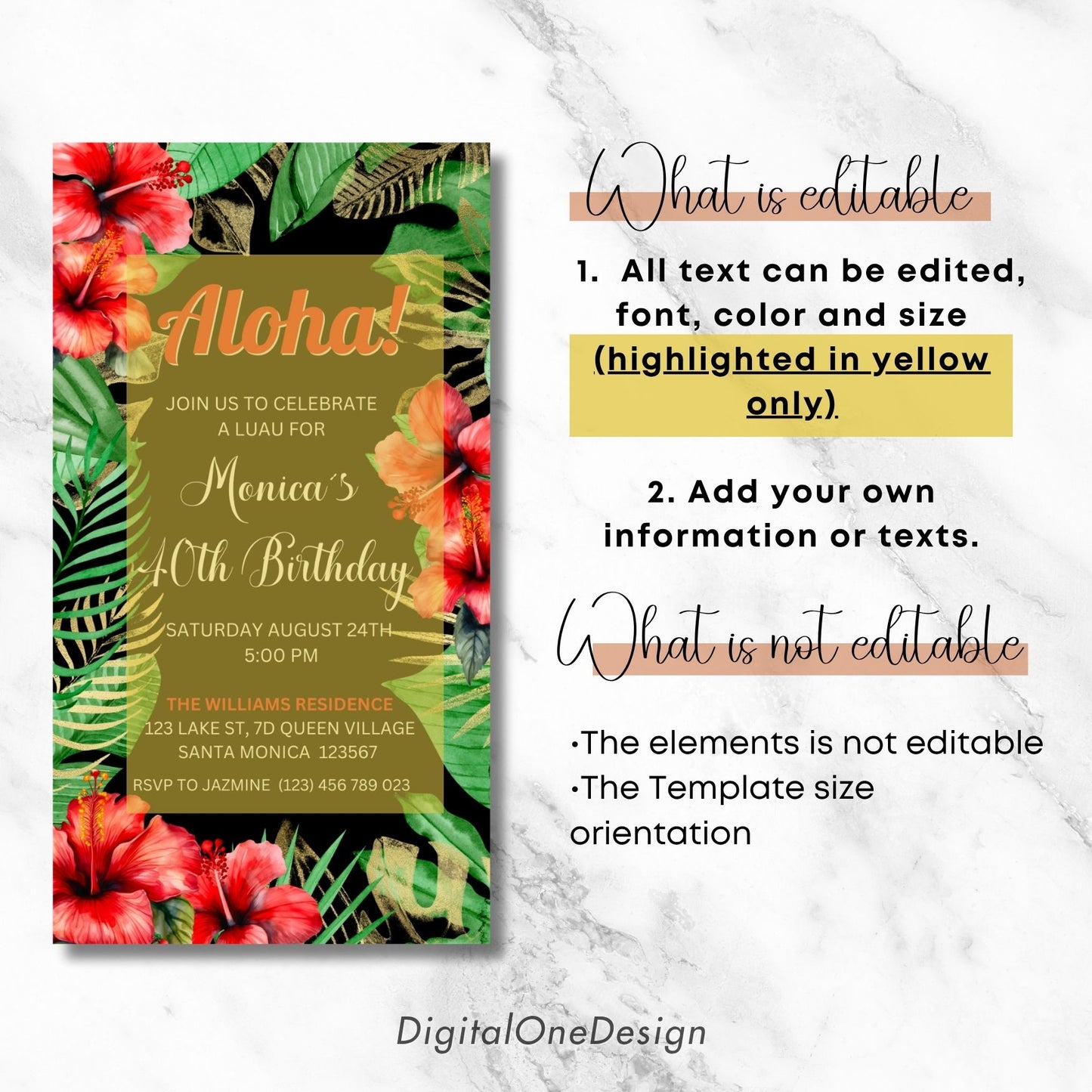 Digital Tropical Birthday Invitation with palm leaves and hibiscus flowers, Aloha theme for a luau celebration.
