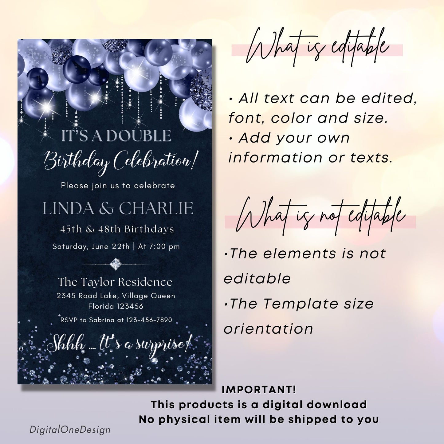 Navy Glitter Glam Double Birthday Invitation