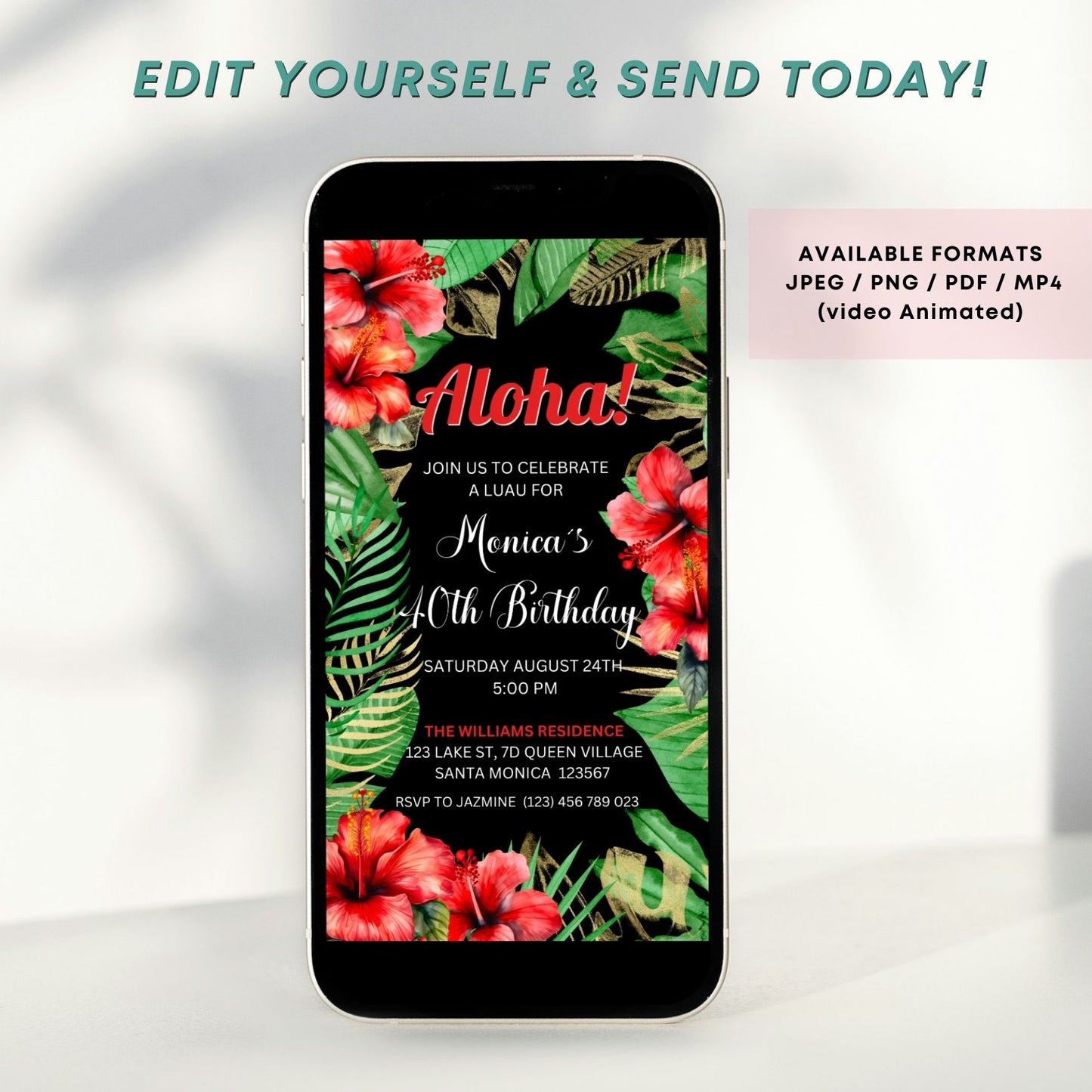 Digital Tropical Birthday Invitation with palm leaves and red hibiscus for a Hawaiian-themed party.