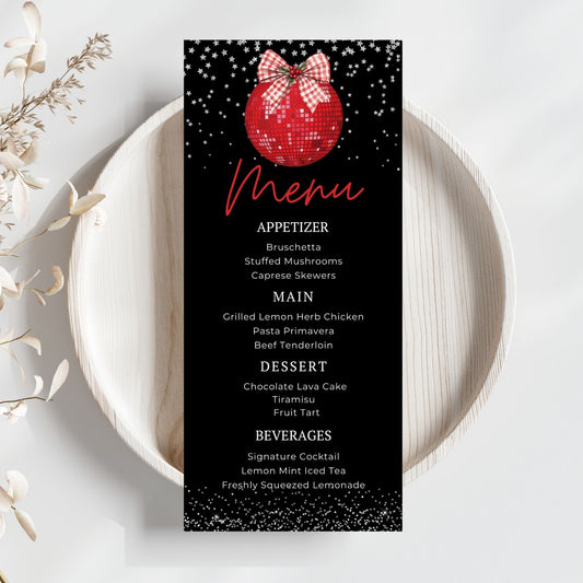Christmas Red Disco Menu card with a red disco ball design on a white plate with decorative elements.