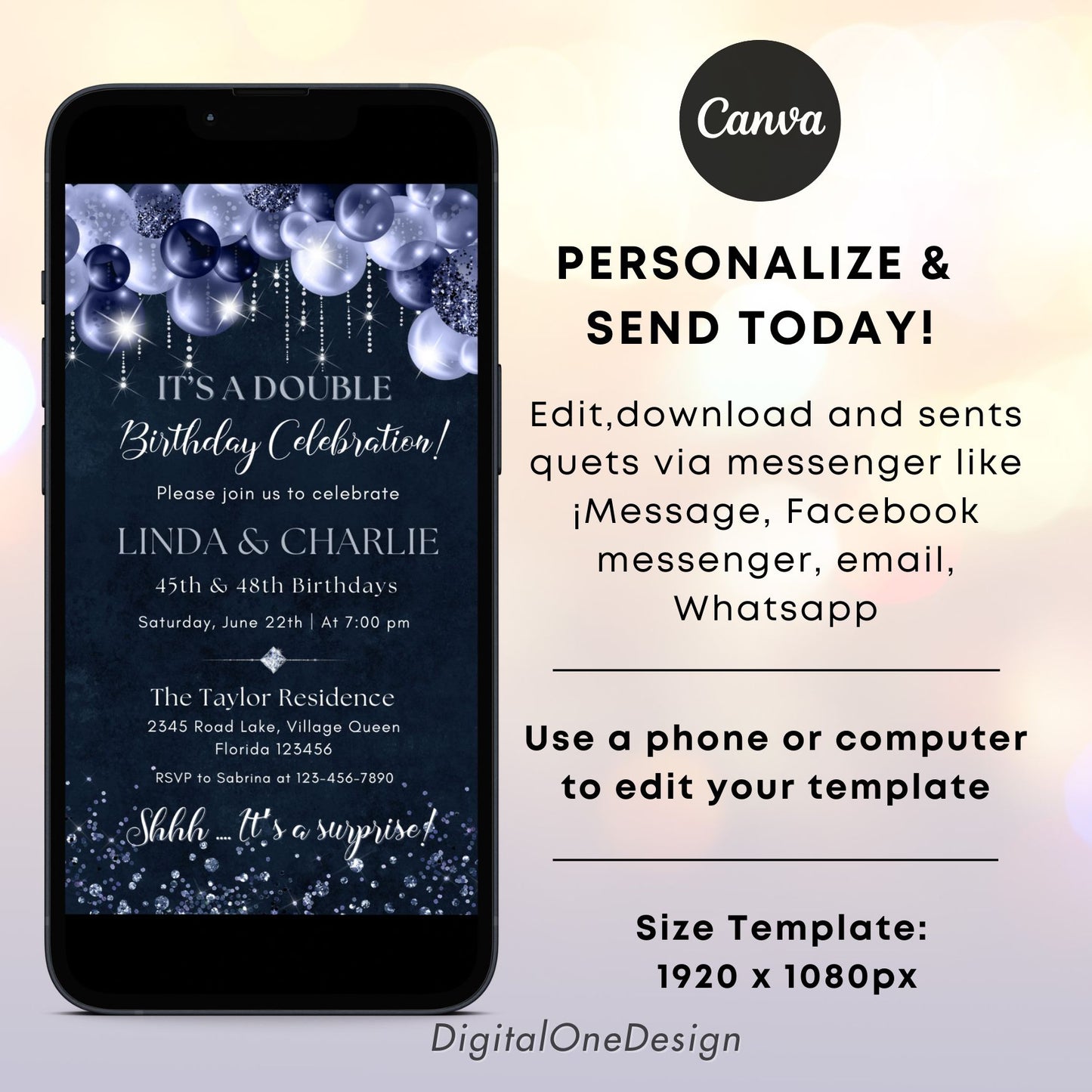 Navy Glitter Glam Double Birthday Invitation