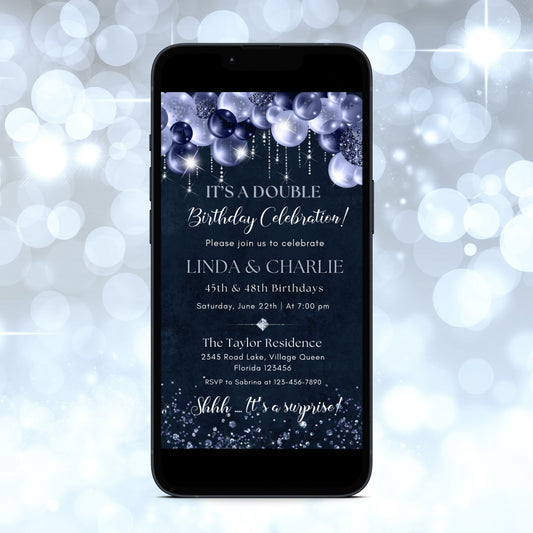 Navy Glitter Glam Double Birthday Invitation