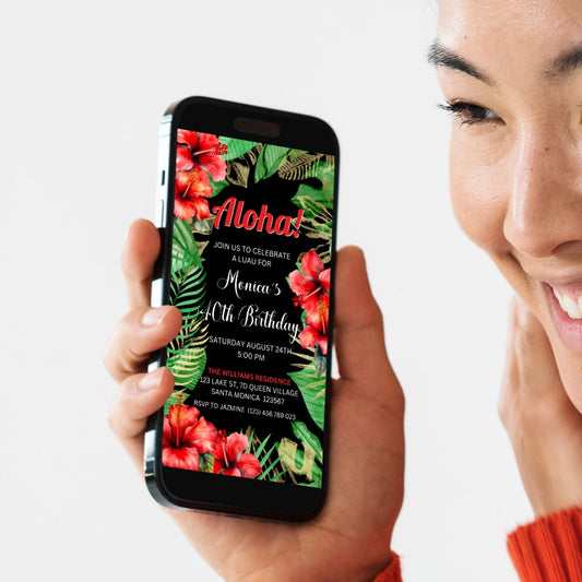 Digital Tropical Hibiscus Birthday Invitation on phone with palm leaves and red hibiscus flowers, perfect for a luau party.