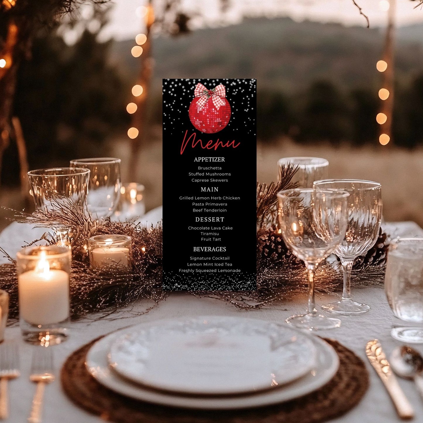 Decorated table with a Red Disco Ball menu card, plates, and glasses outdoors.