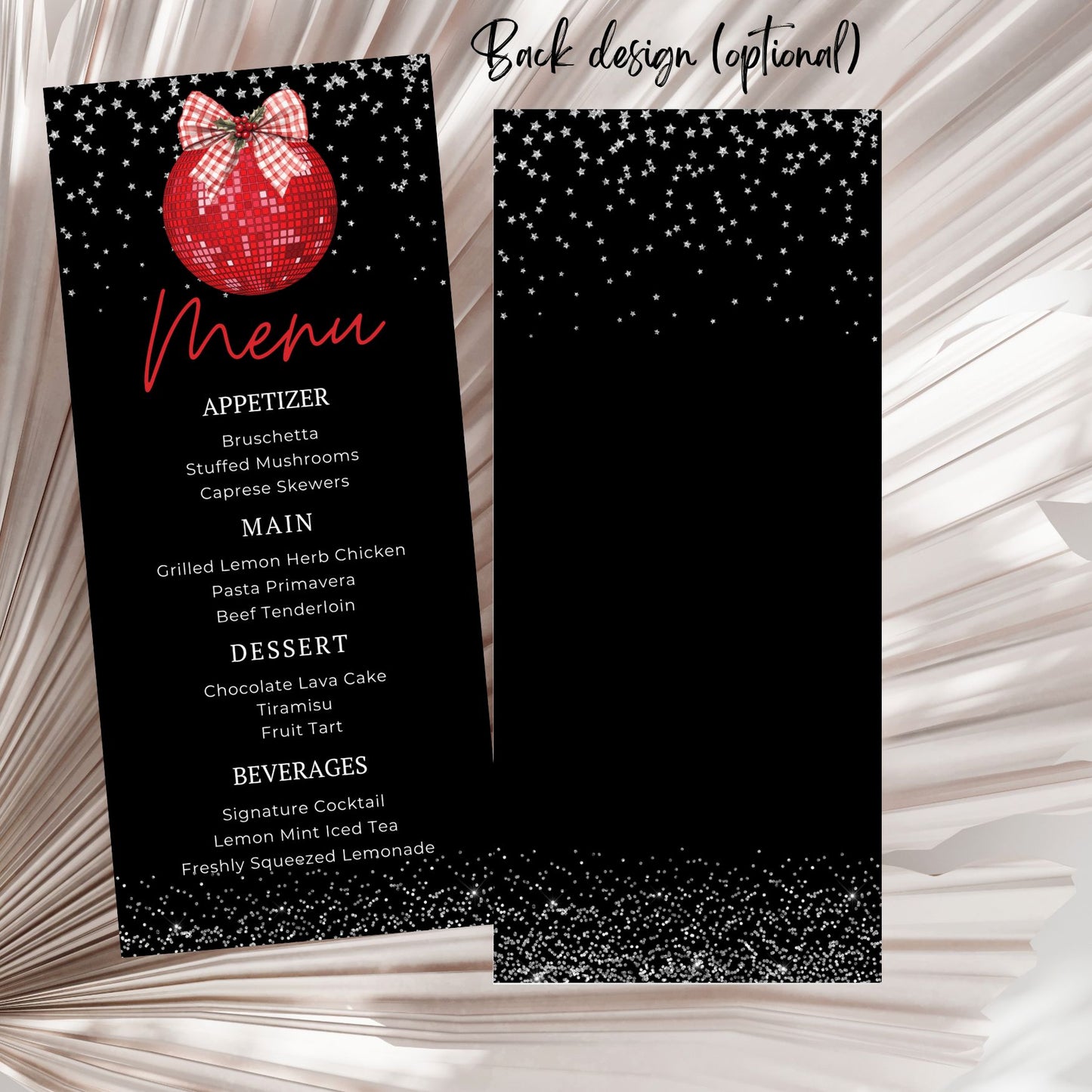 Red and silver Christmas Menu card with red sequin ball design on a black background