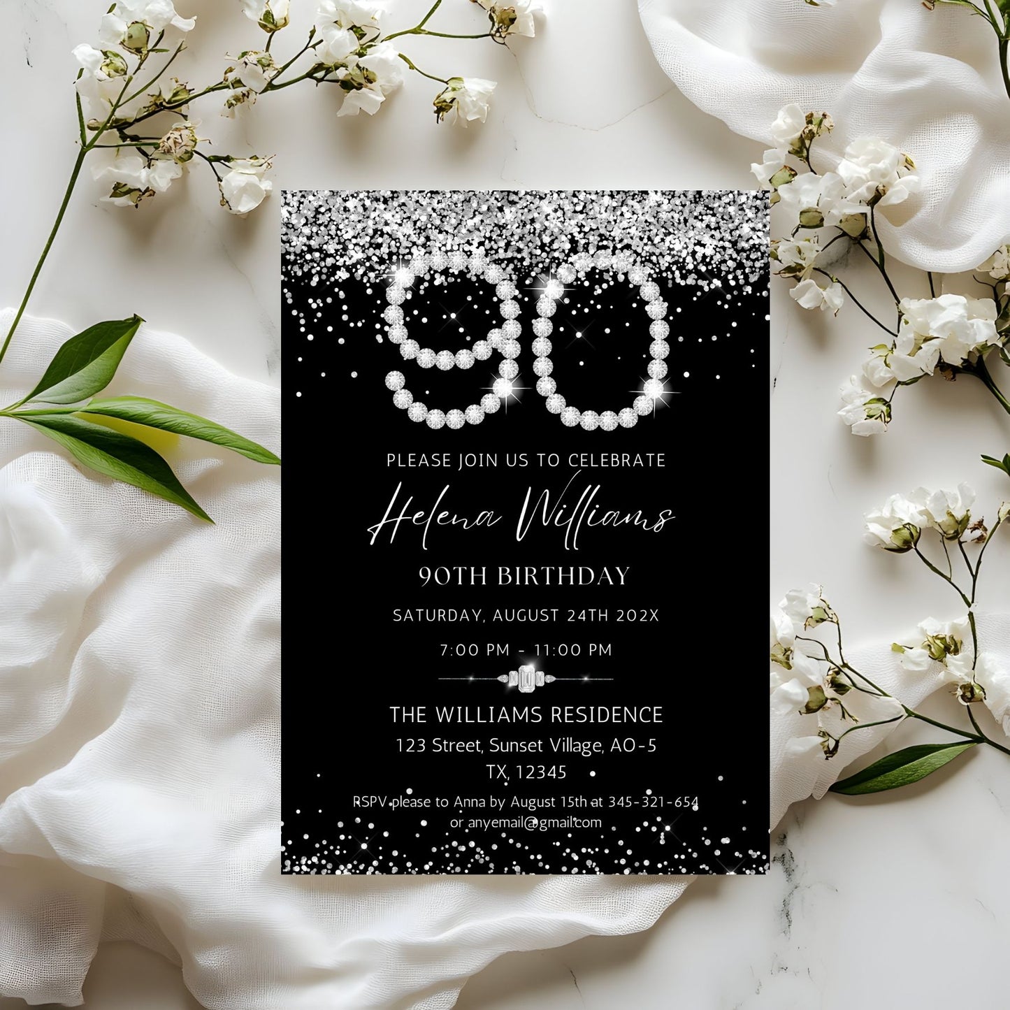 Elegant Silver Diamonds 90th Birthday Invitation