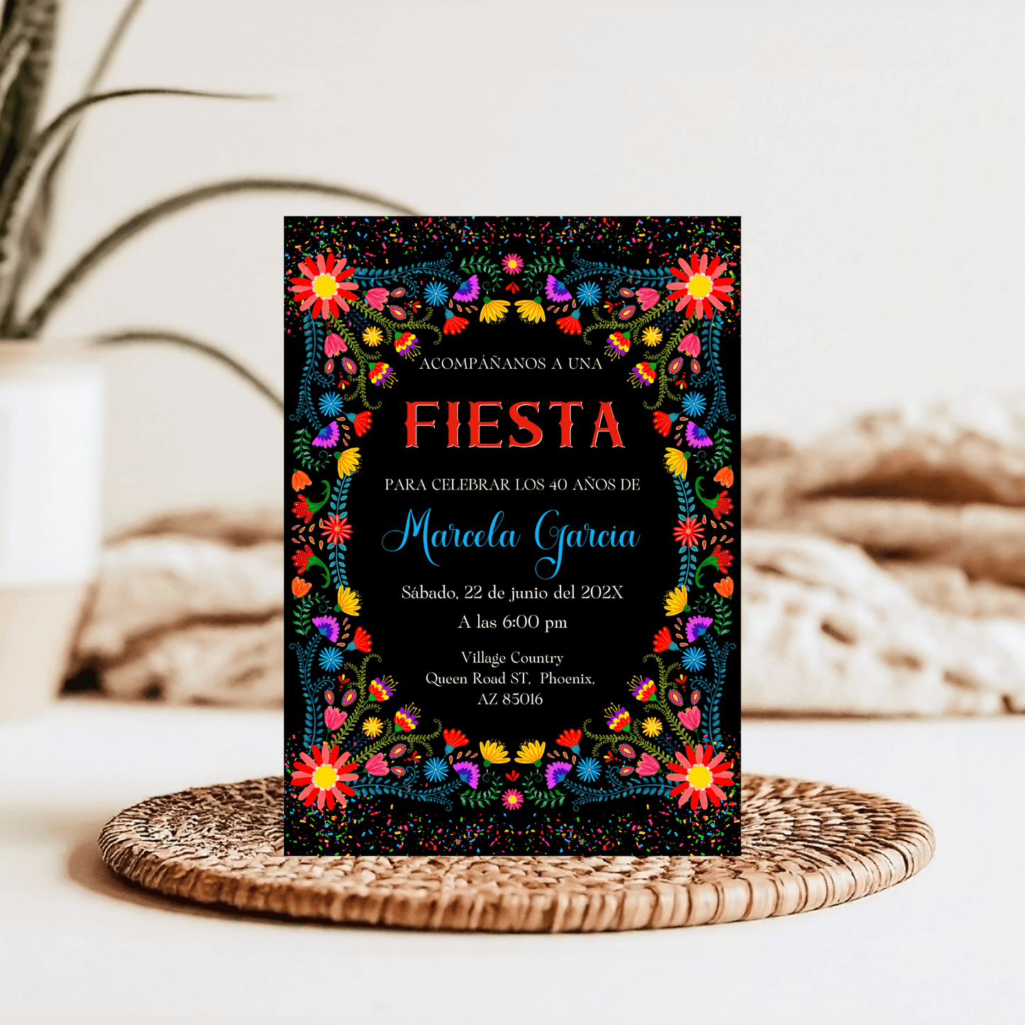 Spanish Fiesta Birthday Invitation, Editable Mexican Floral & Confetti Theme, Printable Fiesta Party Invite