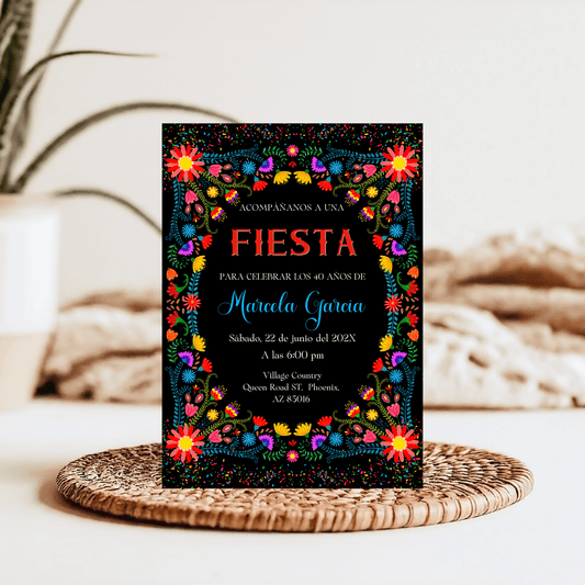 Spanish Mexican Floral Fiesta Birthday Invitation Template featuring vibrant floral patterns and festive design.
