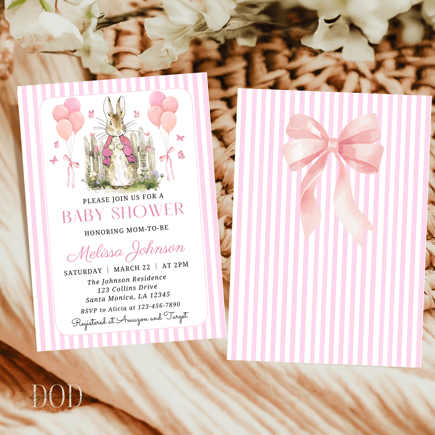 Charming Pink Peter Rabbit Baby Shower Invitation