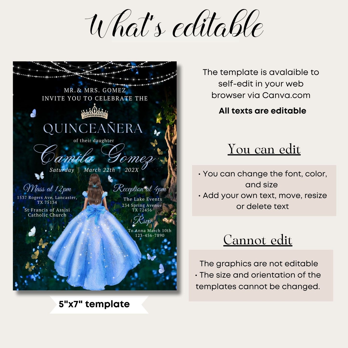 Blue Quinceanera invitation template with editable text on a white background