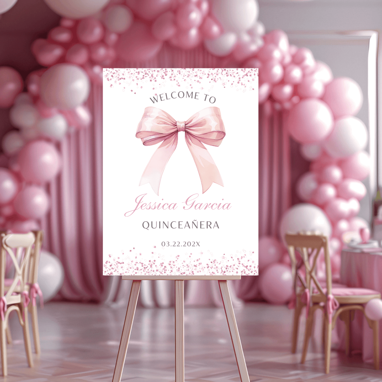 Pink Bow Coquette Quinceanera welcome Sign, Entryway Decor Poster