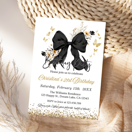 Elegant Black Coquette Bow Wildflowers Invitation