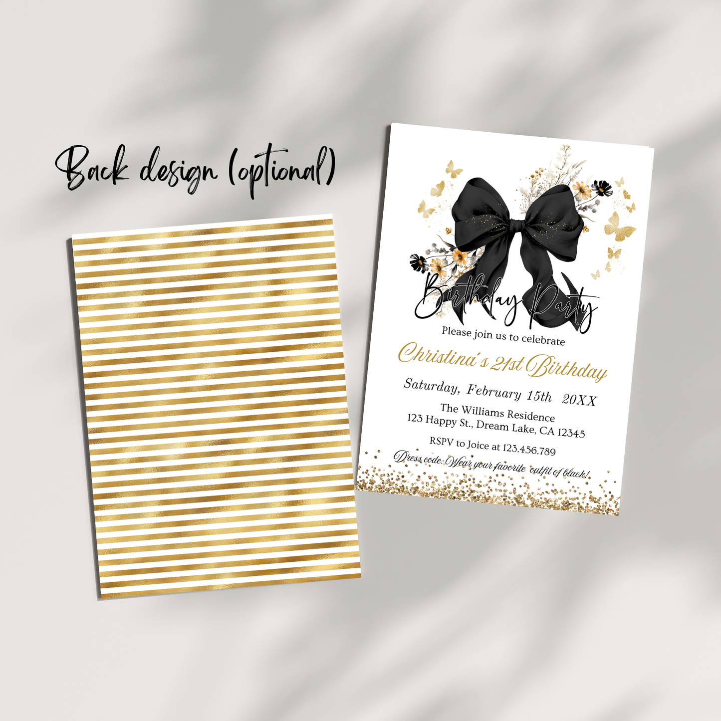 Elegant Black Coquette Bow Wildflowers Invitation