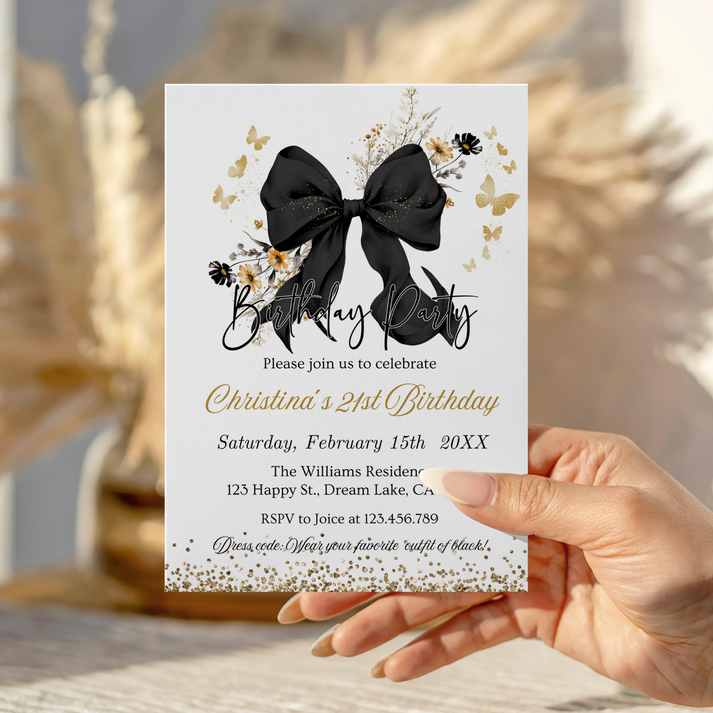 Elegant Black Coquette Bow Wildflowers Invitation