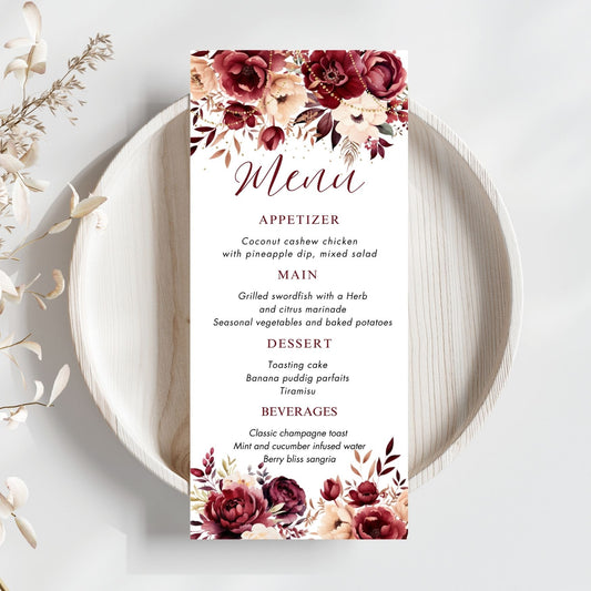 Editable Burgundy Floral menu card on a white plate with decorative elements