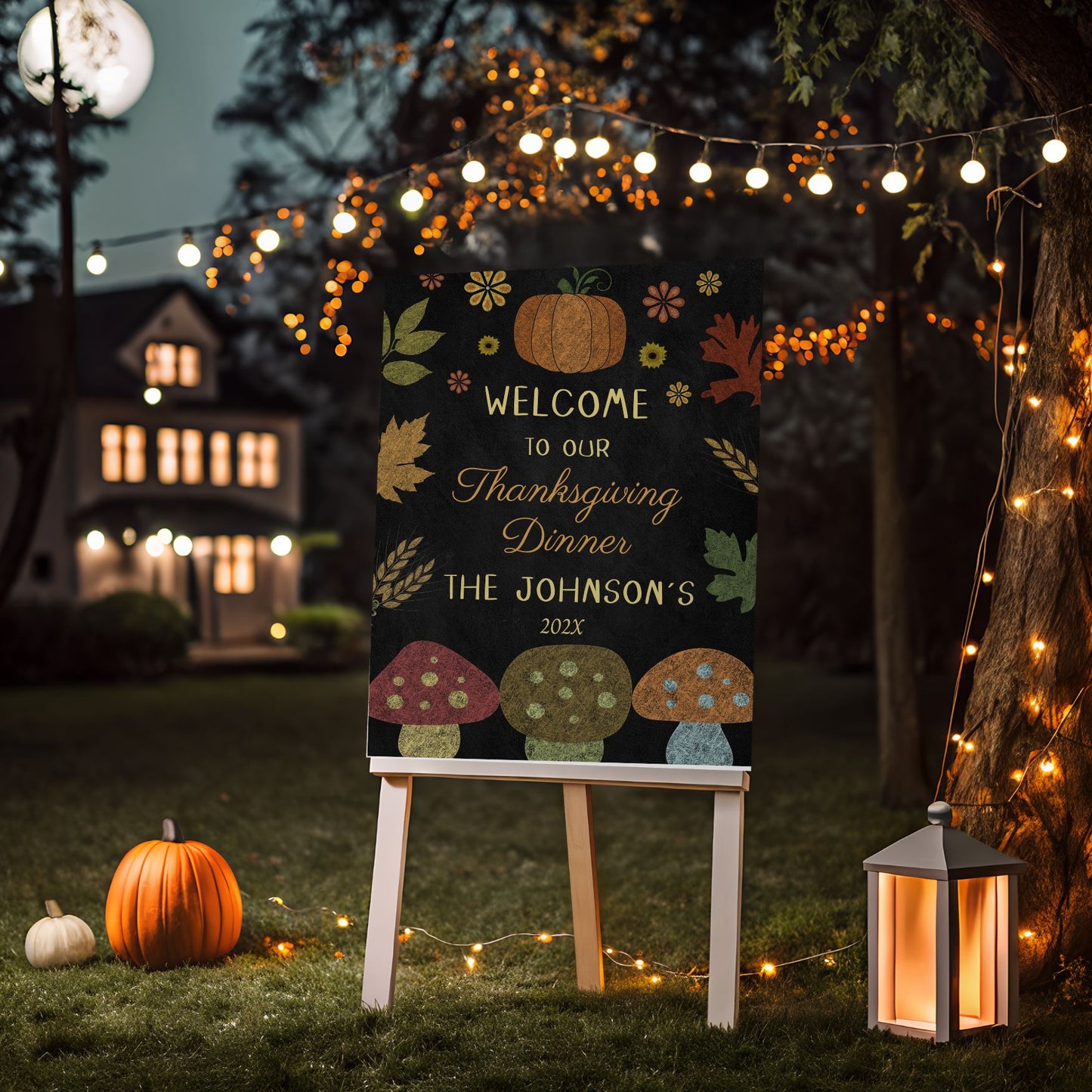 Thanksgiving dinner welcome sign with pumpkins and lights in a garden setting