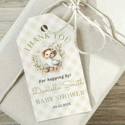 Baby shower thank you tag with a Goose design on a neutral background