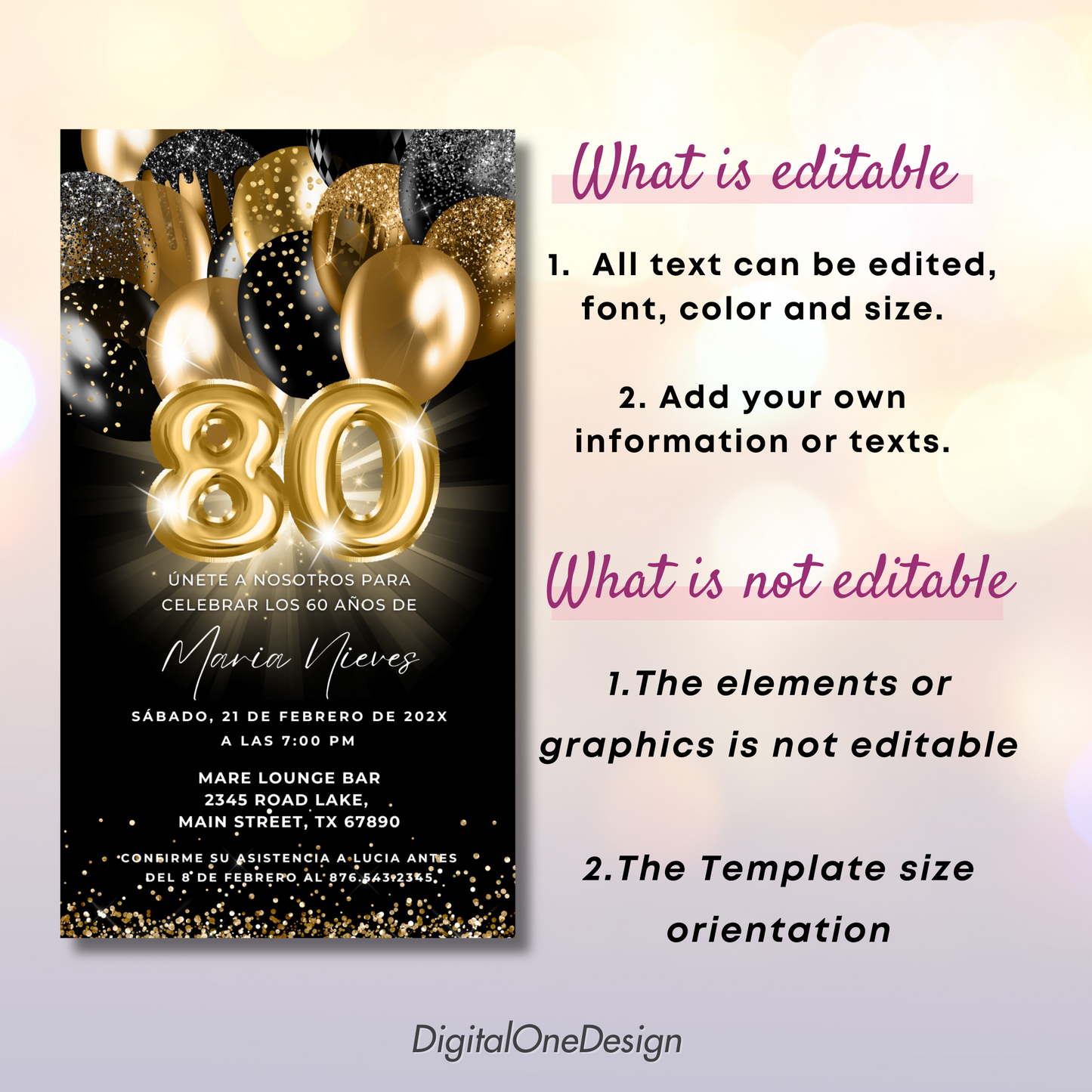 80th birthday invitation card with gold balloons and text on a black background, featuring editable text options.