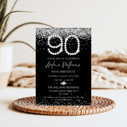 Elegant Silver Diamonds 90th Birthday Invitation