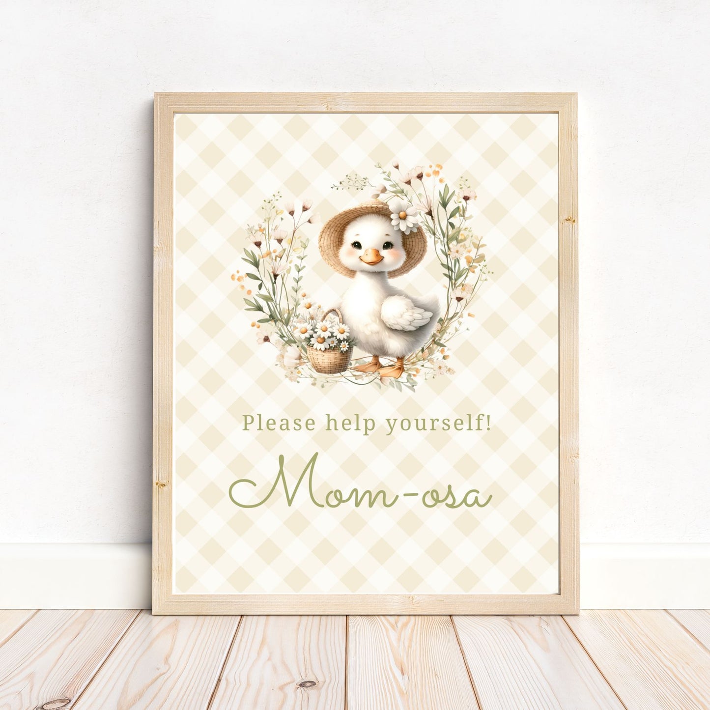 Framed artwork with a duck illustration and text on a checkered background