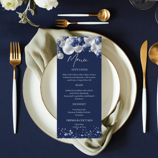 Editable Navy and Silver Balloons Menu Card Template