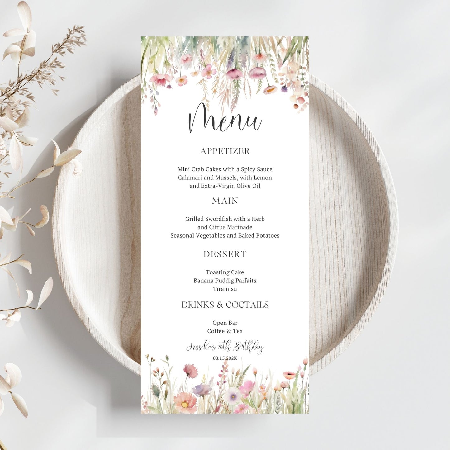 Editable Wildflower Menu card with floral design on a white plate