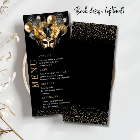 Editable black Menu card with gold mask design on a black background