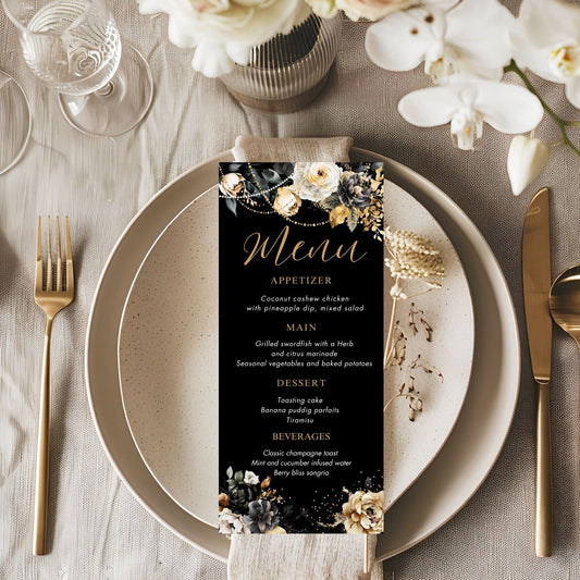Editable Black and Gold Floral Event Menu Card