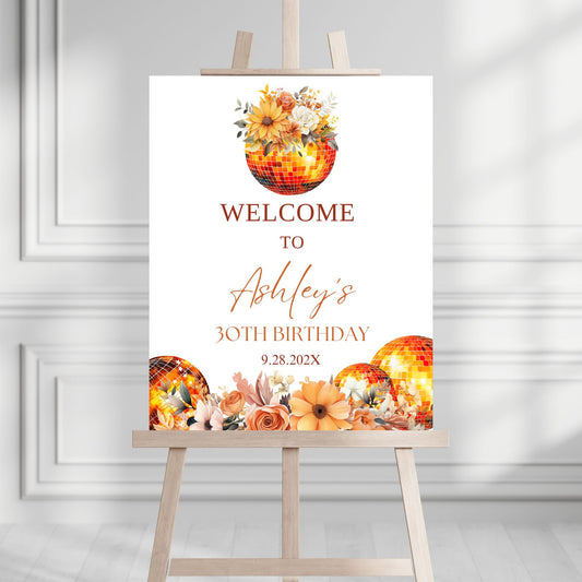 Orange Disco Ball Decorative birthday sign with floral design and text on a white background