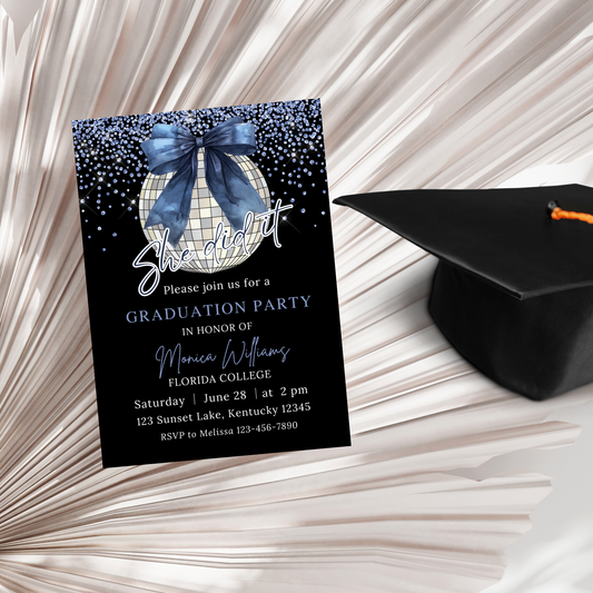 Modern Blue Bow and Silver Disco Ball Graduation Invitation, She did it Invite