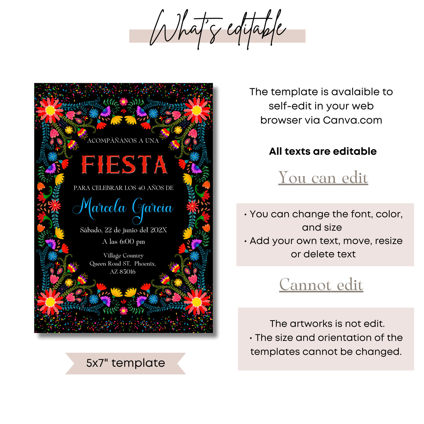 Spanish Fiesta Birthday Invitation, Editable Mexican Floral & Confetti Theme, Printable Fiesta Party Invite