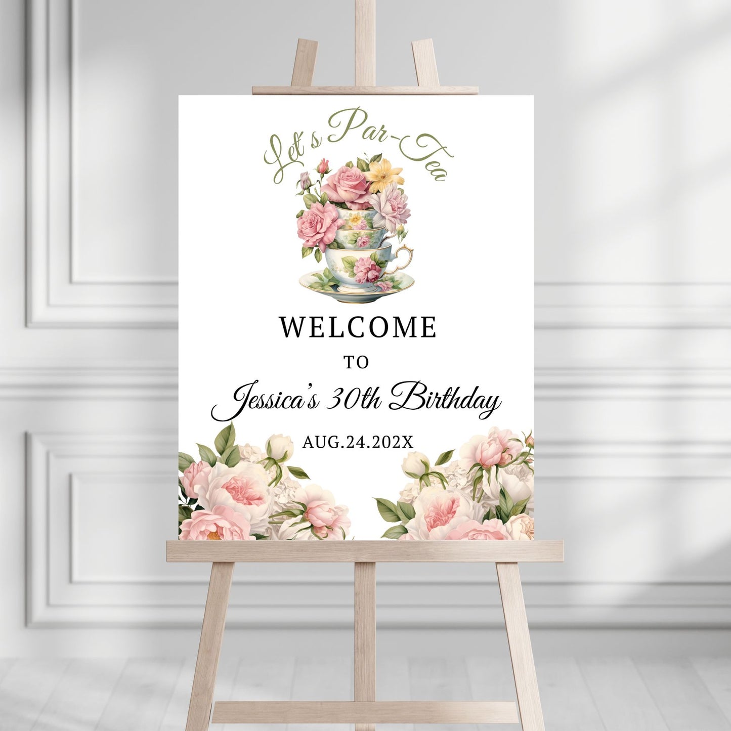 Decorative birthday sign with floral design and text on an easel against a white wall.