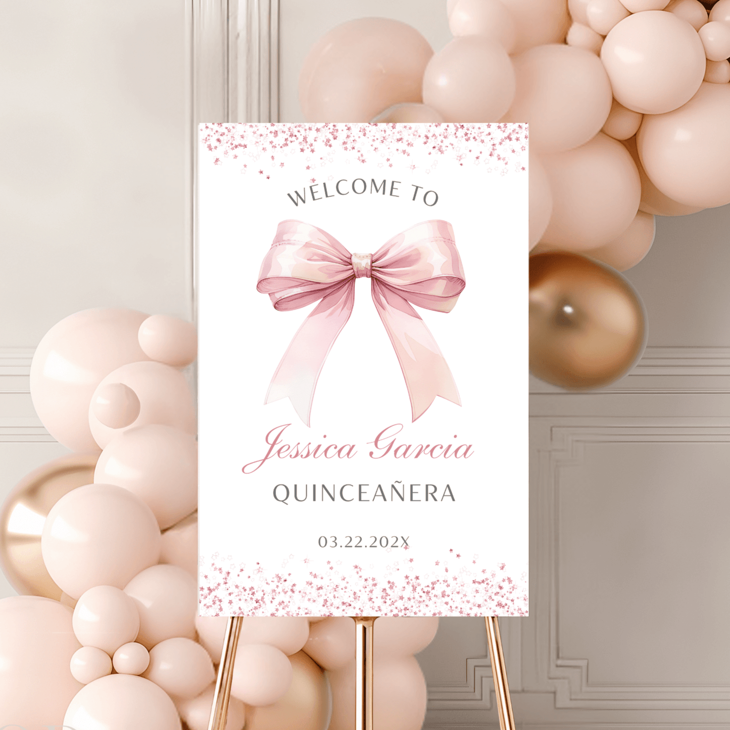 Editable Pink Bow Quinceanera Welcome Sign
