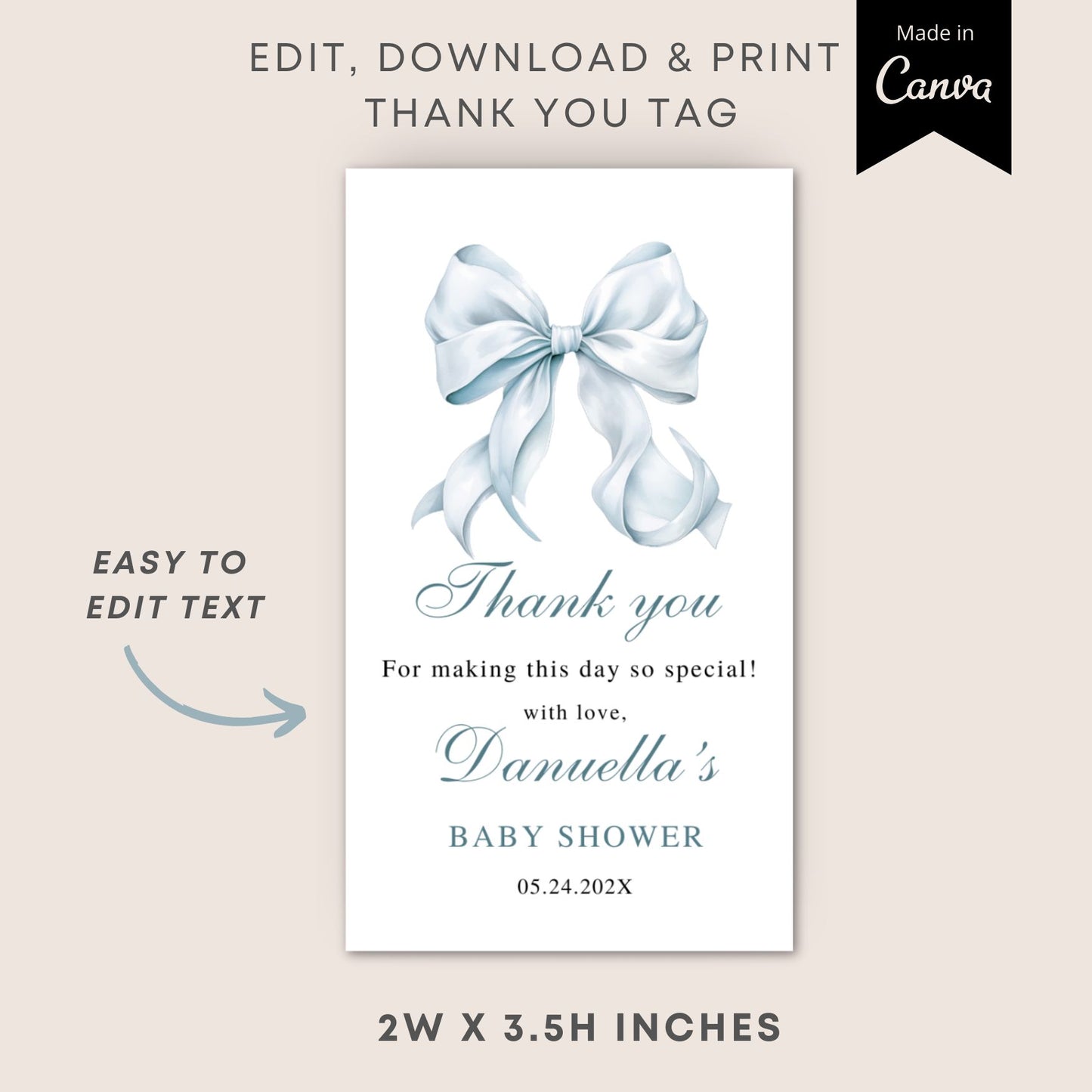 Baby shower thank you tag with a blue bow and customizable text on a beige background.