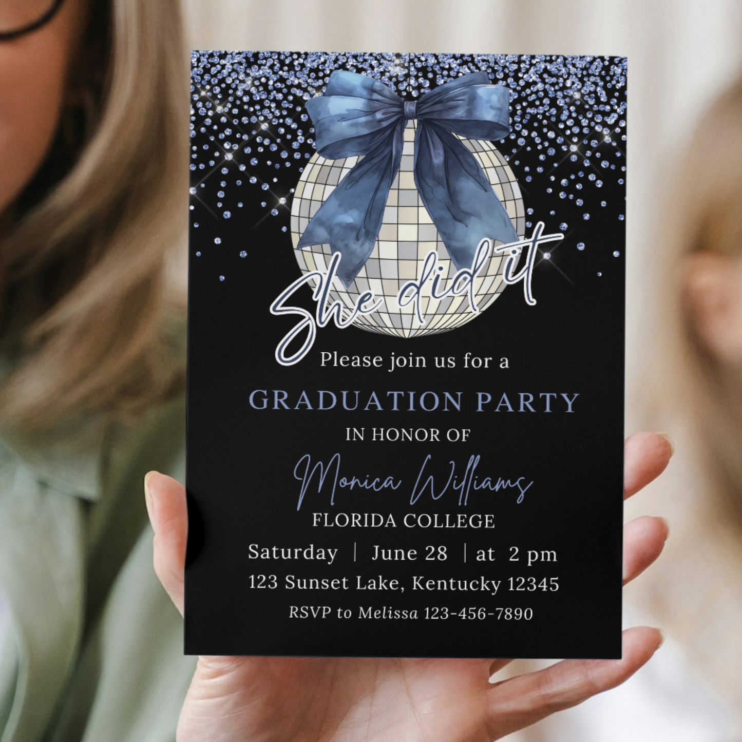 Printable Navy Blue Disco Ball Graduation Invitation Template