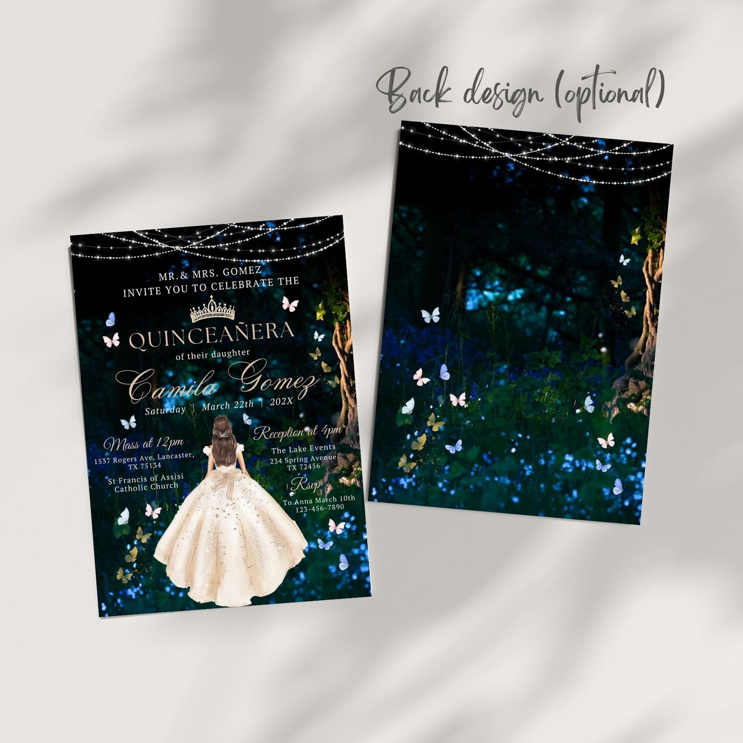 Quinceanera invitation with butterfly design on a forest background
