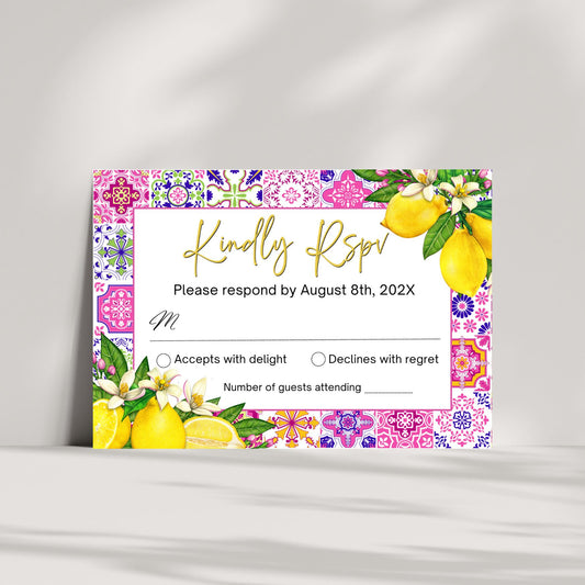 Response card with Pink Tile lemon and floral design on a white background