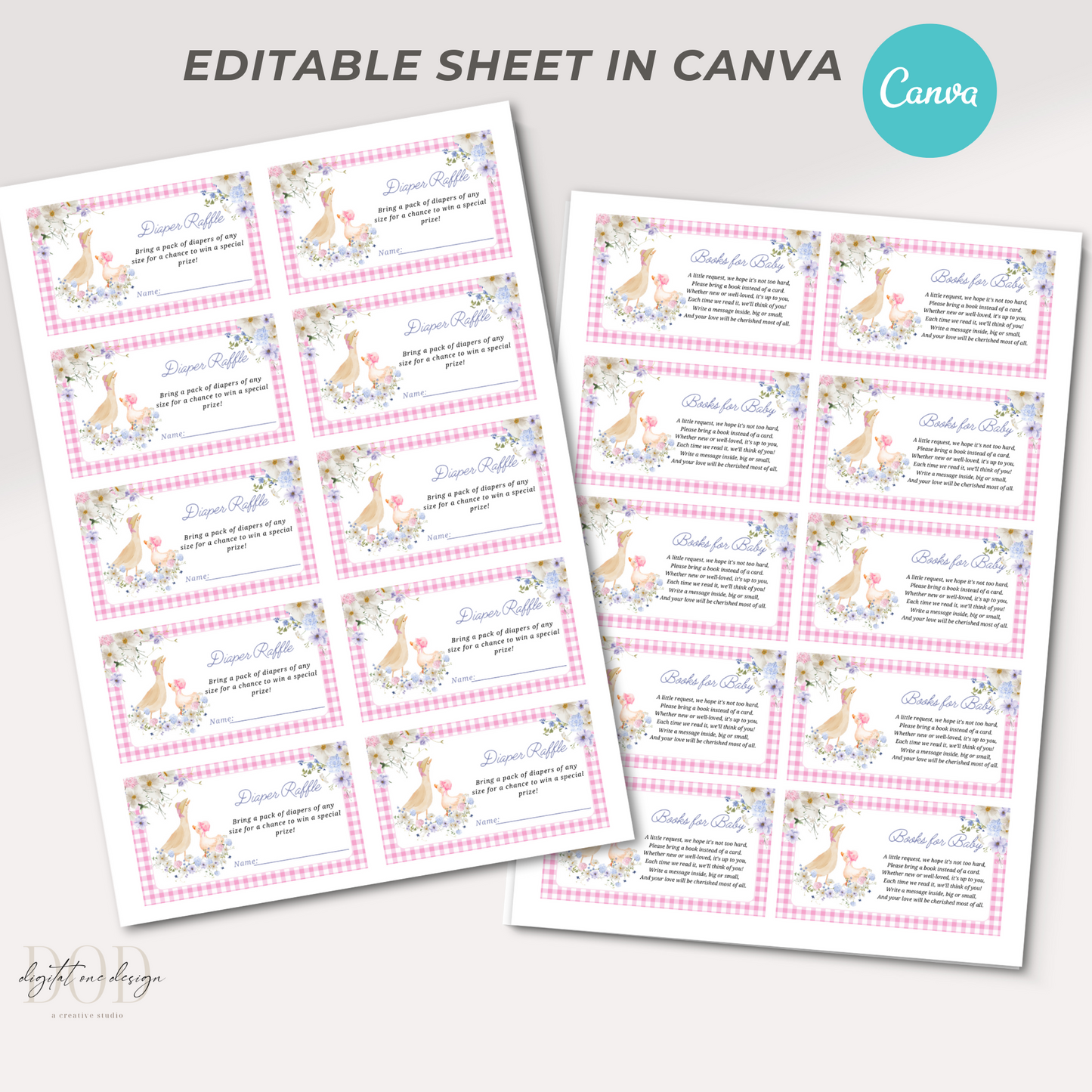 Editable Baby Goose Diaper Raffle and Books for baby cards