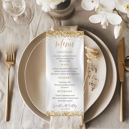 Decorative Gold menu card on a table setting with plates, cutlery, and flowers.