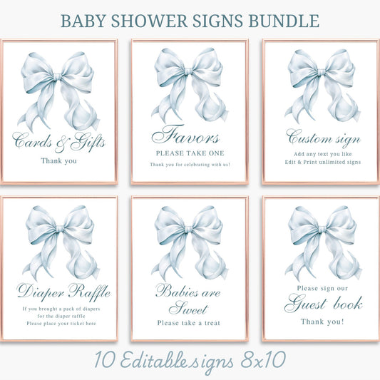 Baby shower signs bundle with blue bows on a white background