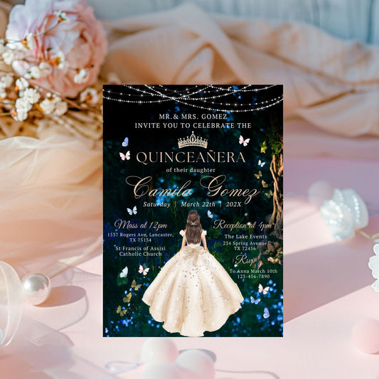 Magical forest Quinceanera invitation card with floral decorations on a soft pink background