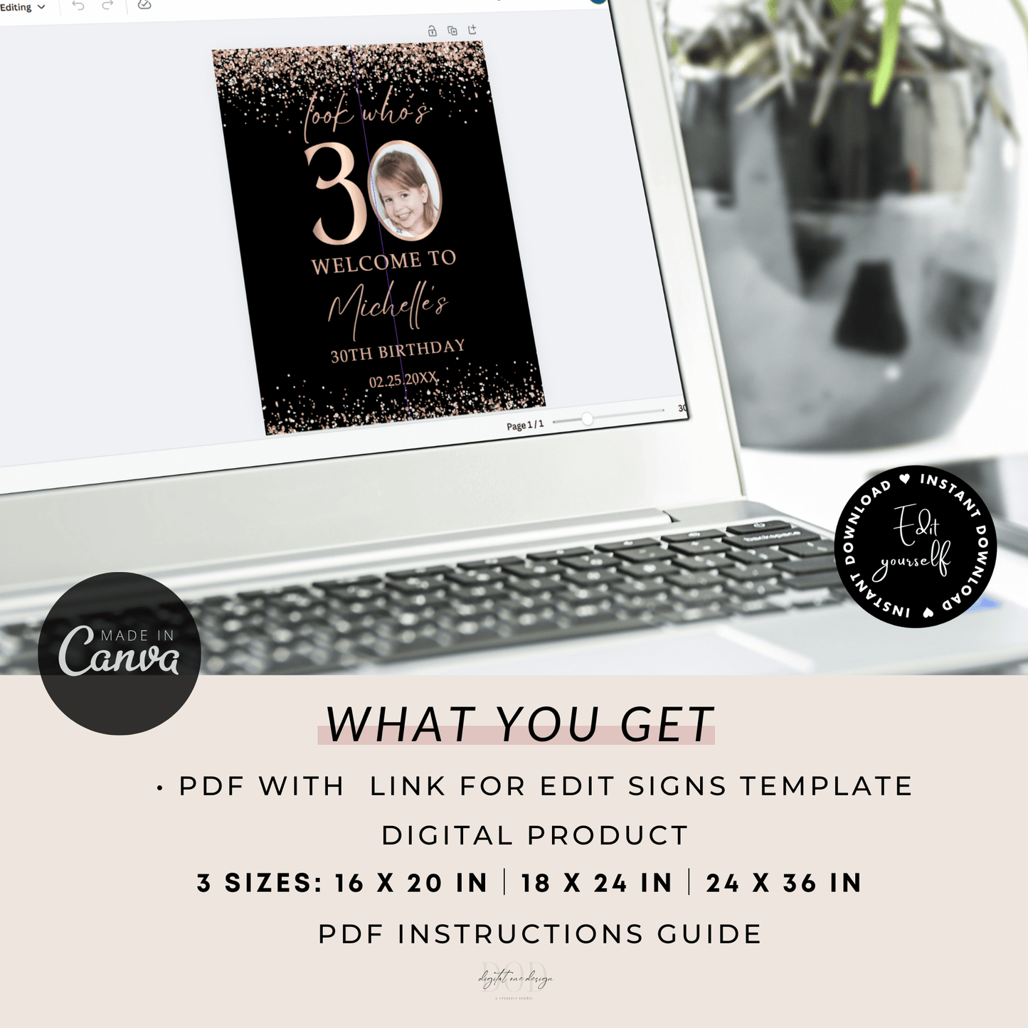 Editable 30th Birthday Welcome Sign, Rose Gold Confetti Photo Poster, Look Who’s 30, Instant Download Party Decor
