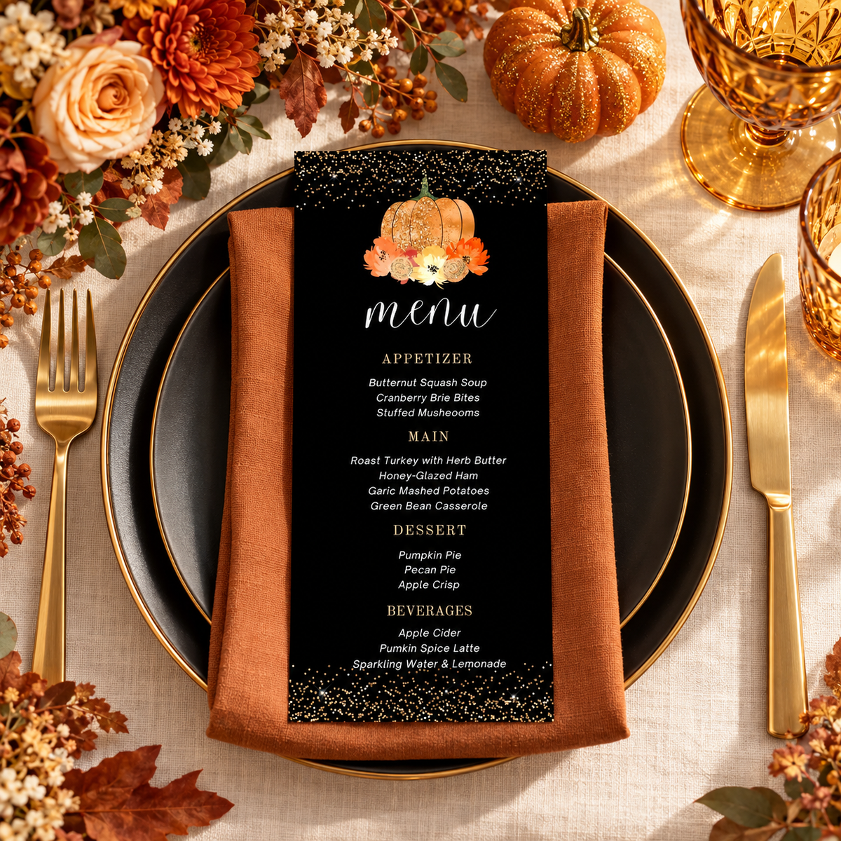 Editable Glitter Pumpkin Menu Card Thanksgiving Dinner on elegant table setting with autumn decor.